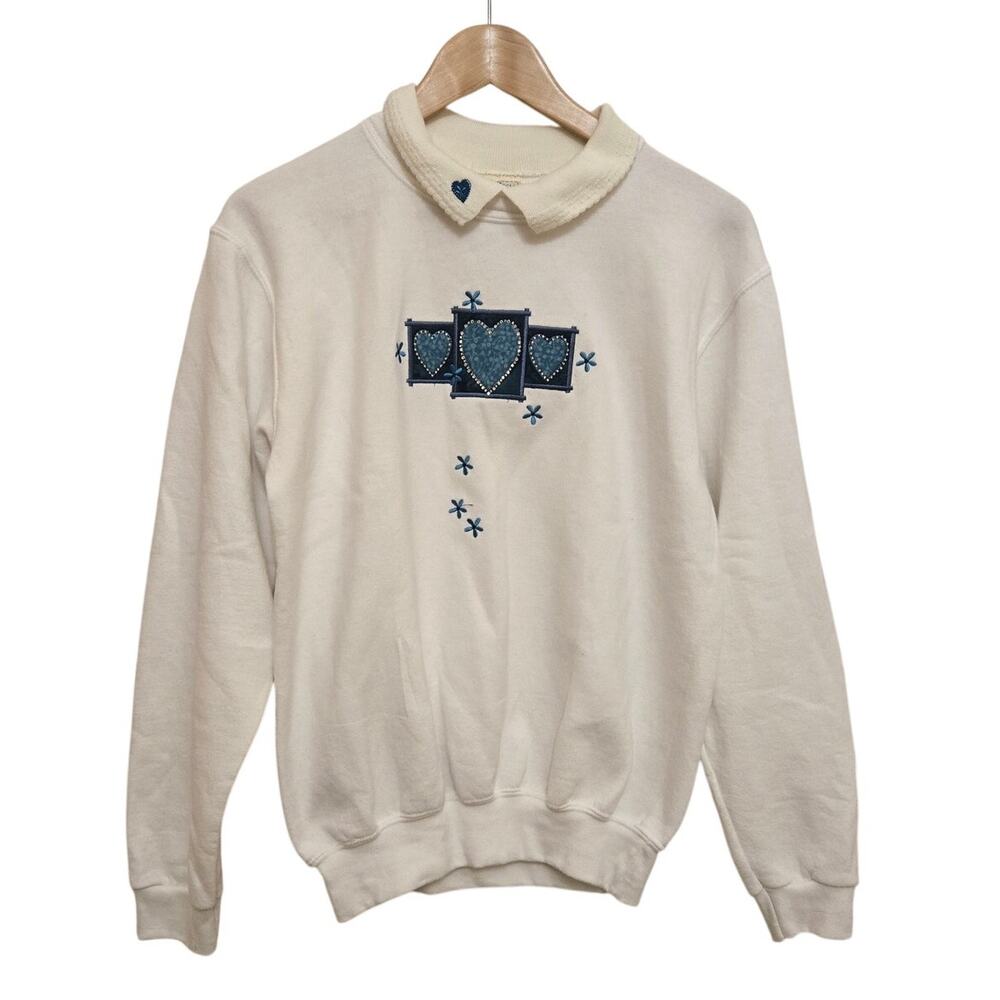 Women's VTG 90s Embroidered Blue Heart Grandma Sweatshirt w/ Contrast Collar | S